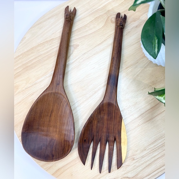 Vintage Teak Wood Salad Serving Spoon Fork African Carved Lama Wooden Animal Art - Picture 7 of 7